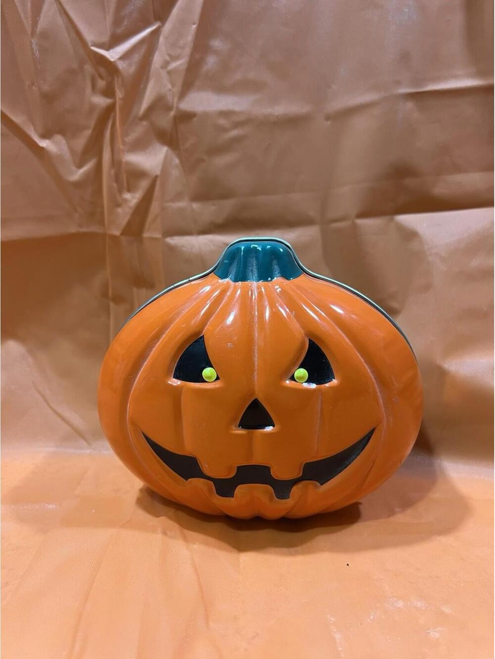 Vtg. Halloween Jack O Lantern Pumpkin Tin Box Company  5" x 4.5" x 3"